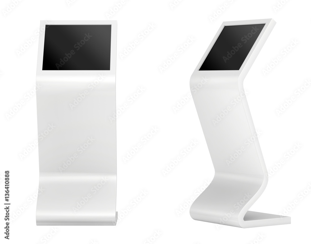 Poster information kiosk. interactive terminal on white background. 3d rendering.