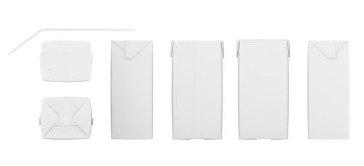 Set of blank juice boxes. Retail package mockup. Isolated on white. 3d rendering.