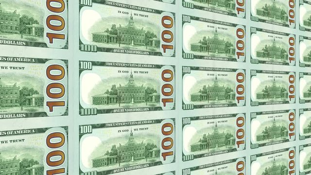 Reverse side of new 100 dollar bills moving from right to left in distance 3d perspective. Looped.