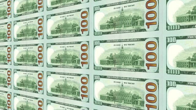 Reverse side of new 100 dollar bills moving from right to left in distance 3d perspective. Looped.