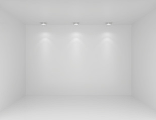 Spotlights in gallery interior with empty wall.