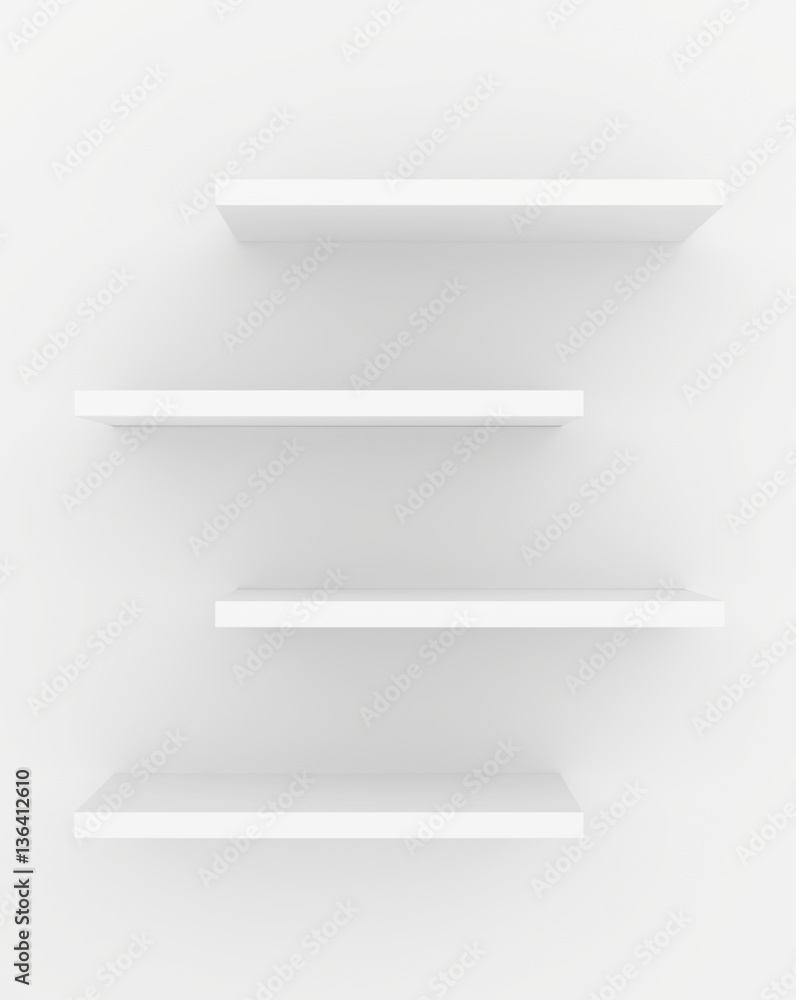 Poster white blank showcase displays shelf front view. 3d rendering.
