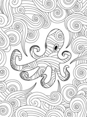 Coloring page with ornate octopus in waves. Vertical composition.