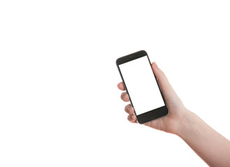 Hand girl holding a phone with the white screen on a white background