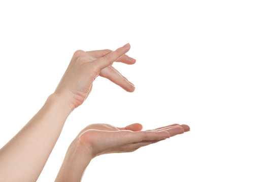 Female hand holding a virtual bank, and the other hand down your finger in it.