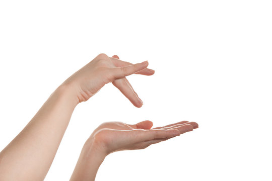 Female hand holding a virtual bank, and the other hand down your finger in it.