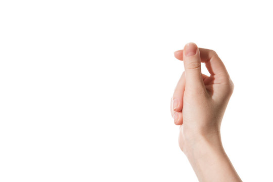 Female hand holding a virtual card with your fingers on a white background
