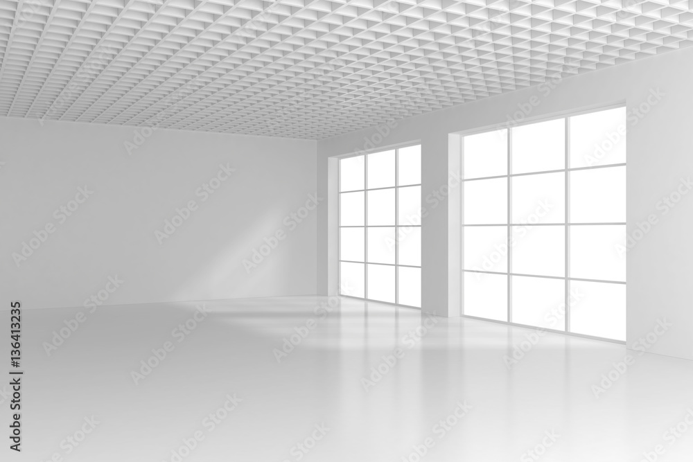 Poster empty white room with big windows. 3d rendering.