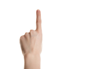 Hand girl shows the forefinger up isolation on a white background