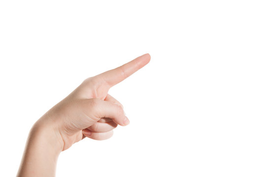 Girls arm showing a finger on a white background