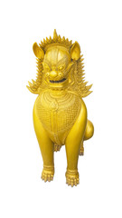 Golden lion statue in Thai style on white background