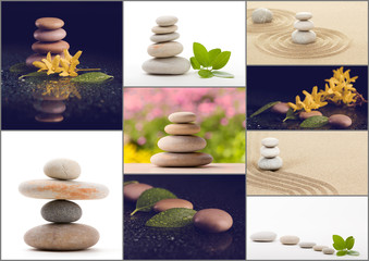 Spa collection, collage of balancing zen pebble stones