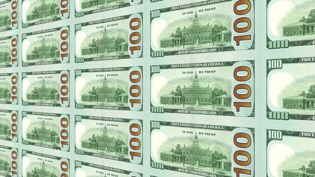 Reverse side of new 100 dollar bills moving from left to right in distance 3d perspective. Looped.