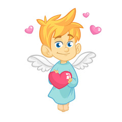 Illustration of a Baby Cupid Hugging a Heart. Cartoon illustration of Cupid character for St Valentine's Day isolated on white
