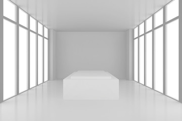 pedestal in white room with windows. 3d render.