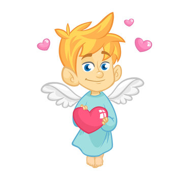 Illustration of a Baby Cupid Hugging a Heart. Cartoon illustration of Cupid character for St Valentine's Day isolated on white