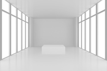 pedestal in white room with windows. 3d render.