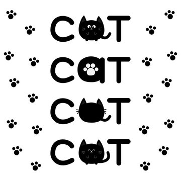 Round shape black cat text icon set. Lettering Paw print Cute cartoon character. Kawaii animal. Big tail, whisker, eyes. Happy emotion. Kitty kitten Baby pet collection. White background Isolated Flat