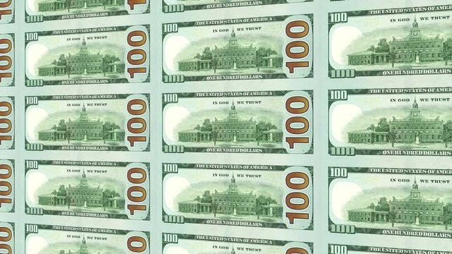 Reverse side of new 100 dollar bills flying and moving lin distance 3d perspective