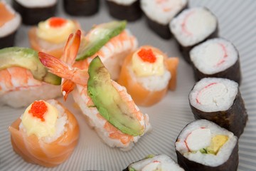 Various sushi served on plate