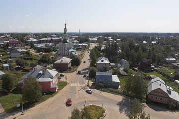 Top view of the Lenin Street and Church of the Nativity in the city of Totma, Vologda Region, Russia