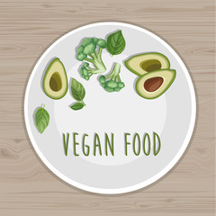 Vegan food. Plate with avocado, broccoli and basil leaves. Top view. Wood background.  Hand drawn illustration. Title page for your receipt book.