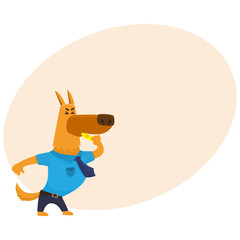Funny shepherd dog character in blue police uniform blowing a whistle, cartoon vector illustration with place for text. Police dog character blowing a whistle