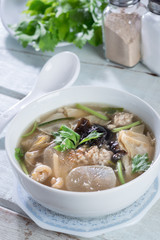 Tofu soup with chopped pork.