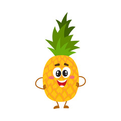 Cute and funny pineapple character with smiling face standing with hands on hips, cartoon vector illustration isolated on white background. Funny pineapple character, mascot standing hands on hips