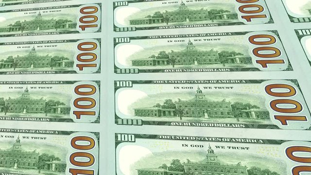 Reverse side of new 100 dollar bills flying and moving lin distance 3d perspective