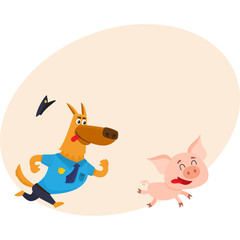 Obraz na płótnie Canvas Funny shepherd dog character in blue police uniform chasing a pig, cartoon vector illustration with place for text. Funny police dog character running after little pig