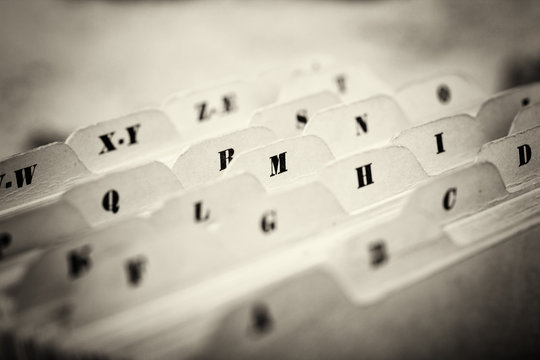 Close up of alphabetical index cards in box
