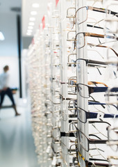Row of eyeglass at an opticians store