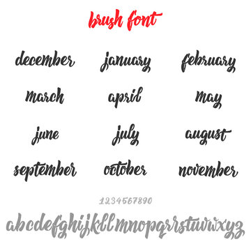 Vector Alphabet. Brush handwritten names of months. Calligraphic font. Unique Custom Characters. Hand Lettering for Designs - logos, badges, postcards, posters, prints. Modern brush handwriting