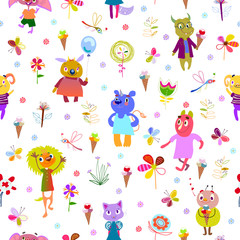 Jolly monsters. Seamless pattern with funny fantastic characters and unusual flowers, butterflies, dragonflies, ice cream. Bright colorful background for children design. Summer collection. Vector 