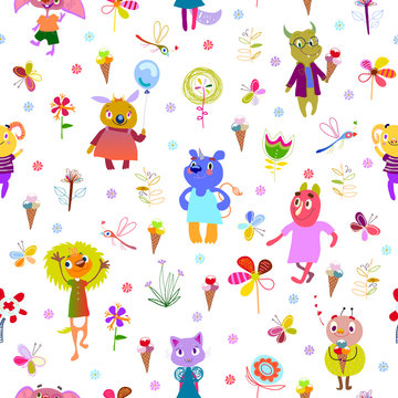 Jolly monsters. Seamless pattern with funny fantastic characters and unusual flowers, butterflies, dragonflies, ice cream. Bright colorful background for children design. Summer collection. Vector 
