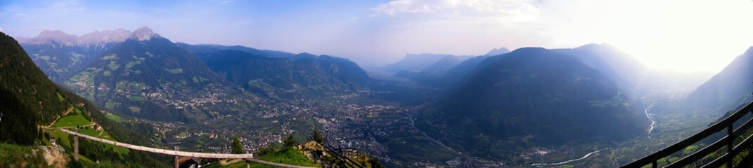 Impressing panorama view on valleys and mountains in the italian alps standing at Mt Hochmuth (Meran, South Tyrol, Italy)