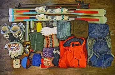 Muurstickers Winter sports equipment set , ski clothes and accessories © natalia_maroz