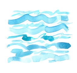 Abstract blue waves painted in watercolor on clean white background