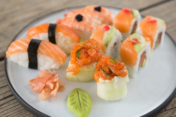 Set of assorted sushi served on plate