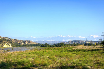 River, meadow and snowy mountains, Azerbaijan