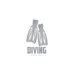 Black and white graphic diving logo template with pair of flippers, vector illustration isolated on white background. Graphic scuba diving, snorkeling logotype, logo design with stylized flippers