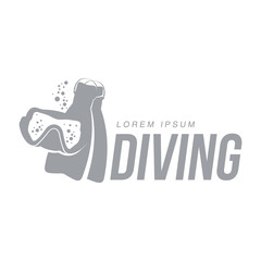 Black and white graphic diving logo template with mask and flippers, vector illustration isolated on white background. Scuba diving, snorkeling logotype, logo design with stylized mask flippers