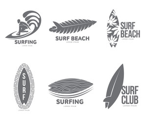 Set of black and white graphic surfing logo templates with surfer and surfboard, vector illustration isolated on white background. Graphic surfing board logotype, logo design - obrazy, fototapety, plakaty