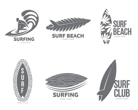 Set of black and white graphic surfing logo templates with surfer and surfboard, vector illustration isolated on white background. Graphic surfing board logotype, logo design