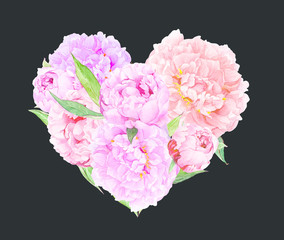 Floral heart - pink peony flowers. Watercolor for Valentine day, wedding