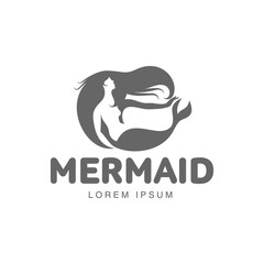 Stylized black and white graphic logo template with long haired mermaid turned profile, vector illustration isolated on white background. Black white stylized swimming mermaid logotype, logo design