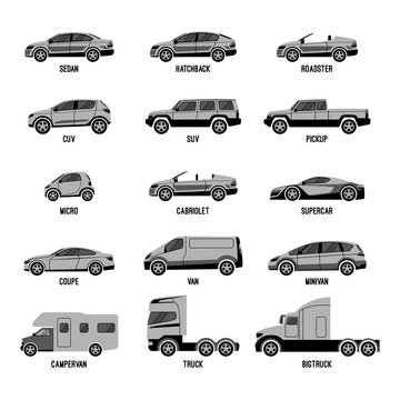 Automobile set isolated. Car models of different sizes or capabilities