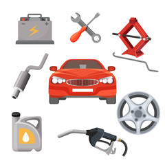 Obraz premium Car service set. Red automobile and working equipment around. Vector