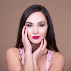 Fototapeta premium make up and beauty concept - portrait of young beautiful woman w